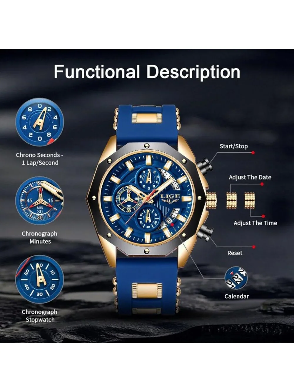 Men's Blue Gold Analog Quartz Unique Vintage Chronograph Waterproof Wrist Watch